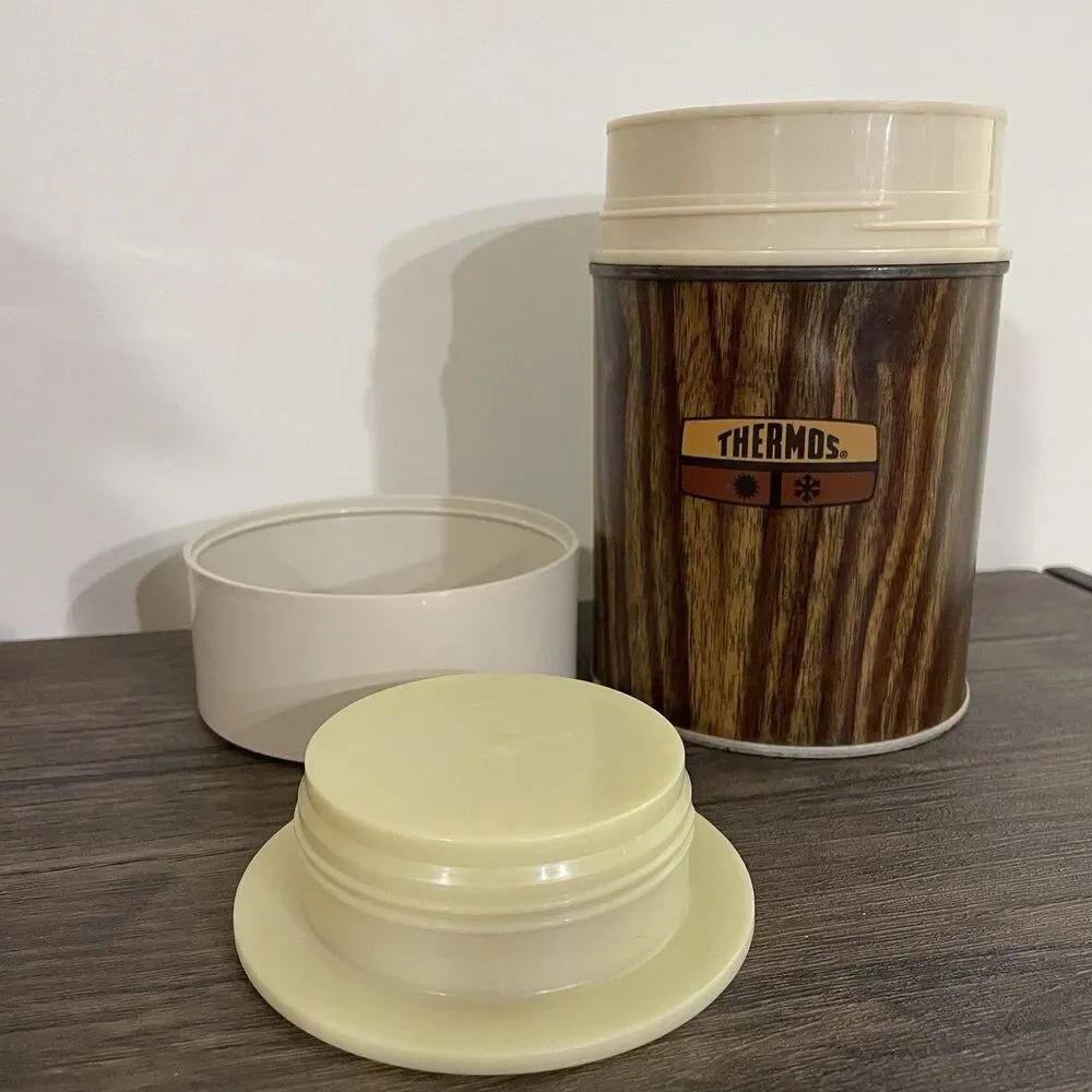 VINTAGE 1970s Wood Grain Thermos King Seeley 10oz Metal 73A63 763 70F Hot & Cold